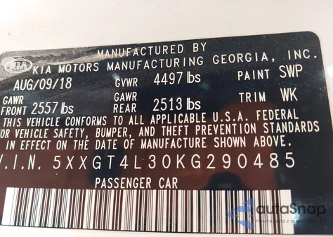 2019 Kia Optima Lx from USA, damaged, VIN 5XXGT4L30KG290485